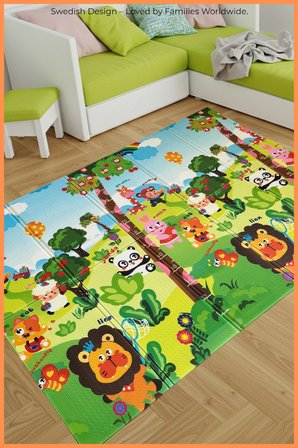 happy jungle çift taraflı katlanabilir oyun halısı ve matı premium seri – taşıma çantalı