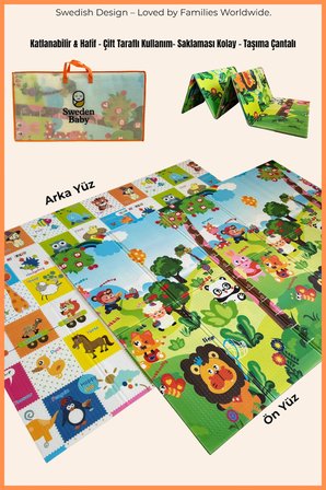 happy jungle çift taraflı katlanabilir oyun halısı ve matı premium seri – taşıma çantalı