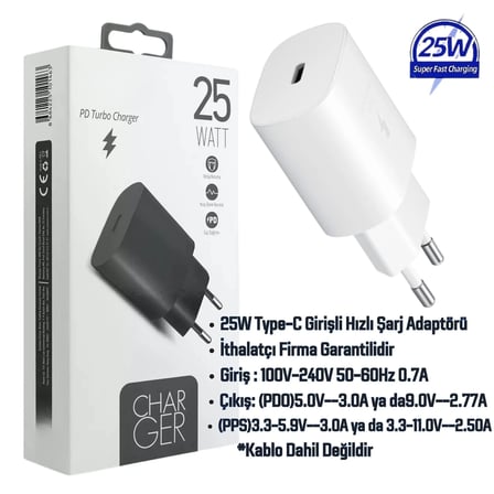 Samsung Galaxy S24 FE Uyumlu 25W Type-C Girişli Super Hızlı Şarj Cihazı Adaptör - İthalatçı Garantili - Beyaz