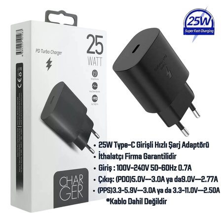 Samsung Galaxy A17 Uyumlu 25W Type-C Girişli Super Hızlı Şarj Cihazı Adaptör - İthalatçı Garantili - Siyah