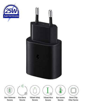 Samsung Galaxy A27 Uyumlu 25W Type-C Girişli Super Hızlı Şarj Cihazı Adaptör - İthalatçı Garantili - Siyah