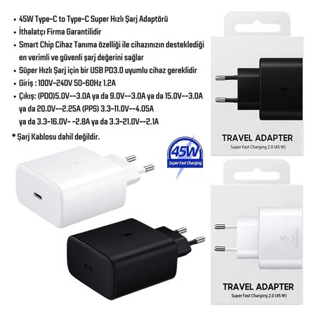 Samsung Galaxy S25 FE Uyumlu 45W Type-C Girişli Super Hızlı Şarj Cihazı Adaptör - İthalatçı Garantili - Siyah