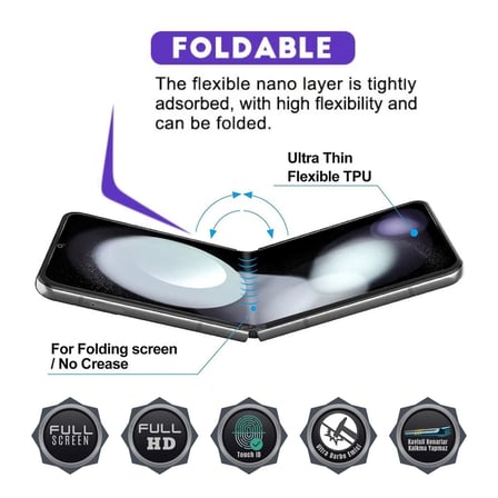 Samsung Galaxy Z Flip 7 Uyumlu Katlanır İç Ekran Koruyucu Esnek Nano Hydrogel Film Tam Koruma