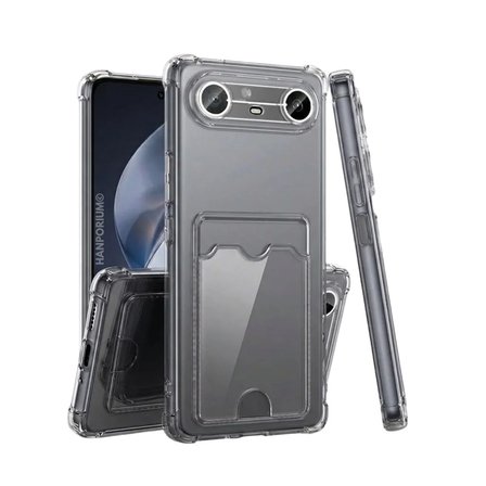 Tecno Pova Slim Uyumlu Kartlıklı Kılıf Darbe Emici Köşe Korumalı Cüzdanlı Esnek Silikon Kapak - Şeffaf
