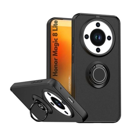 Honor Magic 8 Lite Uyumlu Kılıf Yüzüklü Standlı Extra Darbe Koruma Sert Silikon Kapak - Siyah