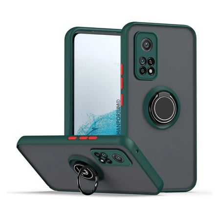 Xiaomi Mi 10T Pro Uyumlu Kılıf Yüzüklü Standlı Extra Darbe Koruma Sert Silikon Kapak - Yeşil