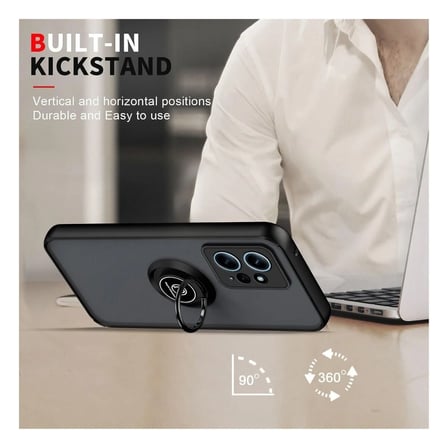 Redmi Note 12 4G Uyumlu Kılıf Yüzüklü Standlı Extra Darbe Koruma Sert Silikon Kapak - Siyah