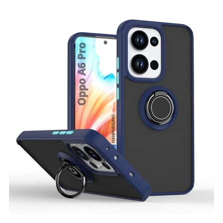 Oppo A6 Pro Uyumlu Kılıf Yüzüklü Standlı Extra Darbe Koruma Sert Silikon Kapak - Lacivert
