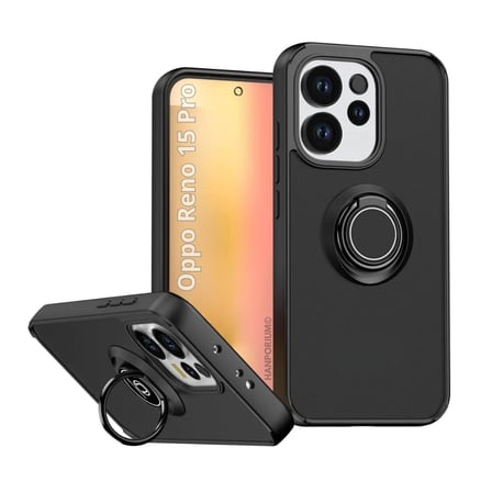 Oppo Reno 15 Pro Uyumlu Kılıf Yüzüklü Standlı Extra Darbe Koruma Sert Silikon Kapak - Siyah