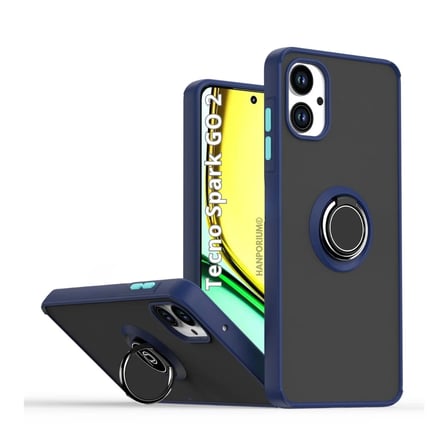 Tecno Spark Go 2 Uyumlu Kılıf Yüzüklü Standlı Extra Darbe Koruma Sert Silikon Kapak - Lacivert