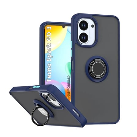 Tecno Spark Go 3 Uyumlu Kılıf Yüzüklü Standlı Extra Darbe Koruma Sert Silikon Kapak - Lacivert