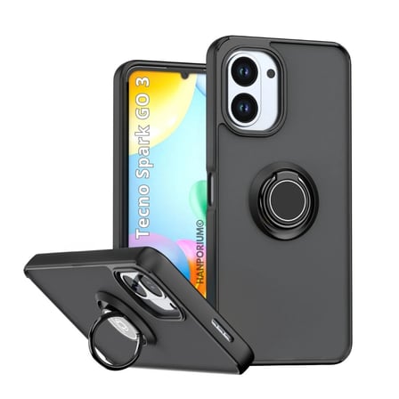 Tecno Spark Go 3 Uyumlu Kılıf Yüzüklü Standlı Extra Darbe Koruma Sert Silikon Kapak - Siyah