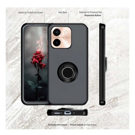 Vivo Y28 Uyumlu Kılıf Yüzüklü Standlı Extra Darbe Koruma Sert Silikon Kapak - Kırmızı