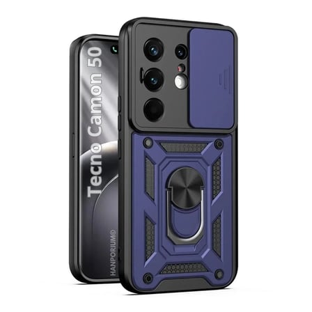 Tecno Camon 50 Uyumlu Tank Kılıf - Yüzüklü Standlı Extra Darbe Koruma Zırhlı Outdoor Kapak - Lacivert