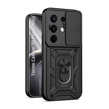 Tecno Camon 50 Pro Uyumlu Tank Kılıf - Yüzüklü Standlı Extra Darbe Koruma Zırhlı Outdoor Kapak - Siyah