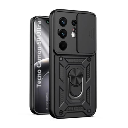 Tecno Camon 50 Ultra Uyumlu Tank Kılıf - Yüzüklü Standlı Extra Darbe Koruma Zırhlı Outdoor Kapak - Siyah