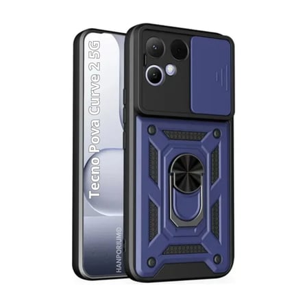 Tecno Pova Curve 2 5G Uyumlu Tank Kılıf - Yüzüklü Standlı Extra Darbe Koruma Zırhlı Outdoor Kapak - Lacivert
