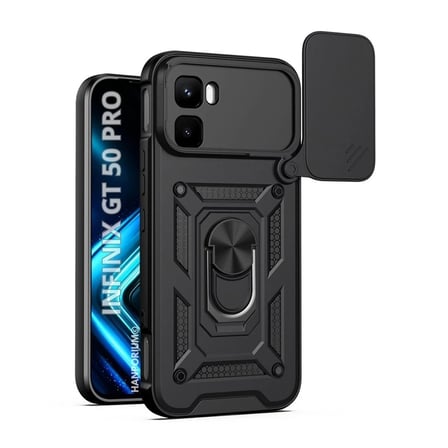 Infinix GT 50 Pro Uyumlu Tank Kılıf - Yüzüklü Standlı Extra Darbe Koruma Zırhlı Outdoor Kapak - Siyah