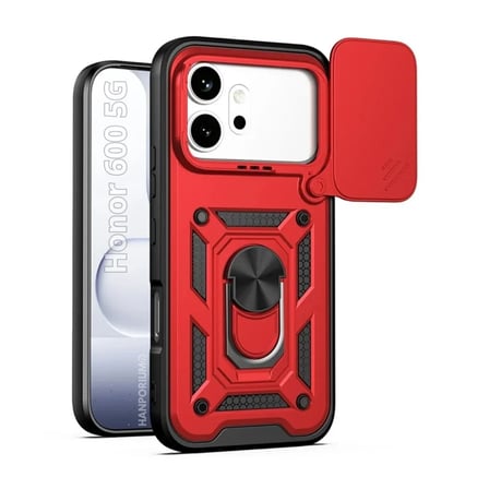 Honor 600 Uyumlu Tank Kılıf - Yüzüklü Standlı Extra Darbe Koruma Zırhlı Outdoor Kapak - Kırmızı