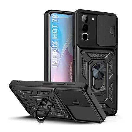 Infinix Hot 70 Uyumlu Tank Kılıf - Yüzüklü Standlı Extra Darbe Koruma Zırhlı Outdoor Kapak - Siyah
