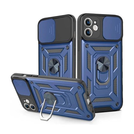 iPhone 12 Uyumlu Tank Kılıf - Yüzüklü Standlı Extra Darbe Koruma Zırhlı Outdoor Kapak Lacivert