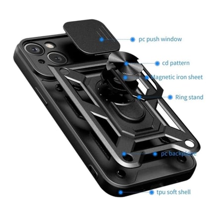 iPhone 14 Uyumlu Tank Kılıf - Yüzüklü Standlı Extra Darbe Koruma Zırhlı Outdoor Kapak Kırmızı