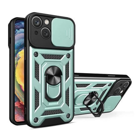 iPhone 14 Uyumlu Tank Kılıf - Yüzüklü Standlı Extra Darbe Koruma Zırhlı Outdoor Kapak - Yeşil