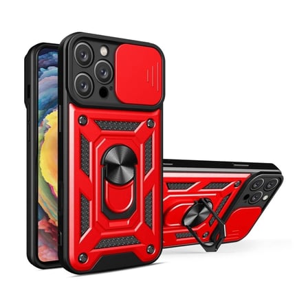 iPhone 14 Pro Max Uyumlu Tank Kılıf Yüzüklü Standlı Extra Koruma Zırhlı Outdoor Kapak Kırmızı