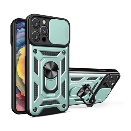 iPhone 14 Pro Uyumlu Tank Kılıf Yüzüklü Standlı Extra Darbe Koruma Zırhlı Outdoor Kapak Yeşil