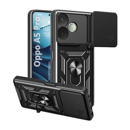 Oppo A5 Pro Uyumlu Tank Kılıf - Yüzüklü Standlı Extra Darbe Koruma Zırhlı Outdoor Kapak - Siyah