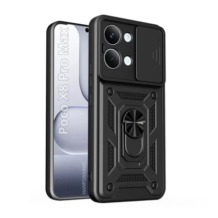 Poco X8 Pro Max Uyumlu Tank Kılıf - Yüzüklü Standlı Extra Darbe Koruma Zırhlı Outdoor Kapak - Siyah