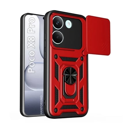 Poco X8 Pro Uyumlu Tank Kılıf - Yüzüklü Standlı Extra Darbe Koruma Zırhlı Outdoor Kapak - Kırmızı