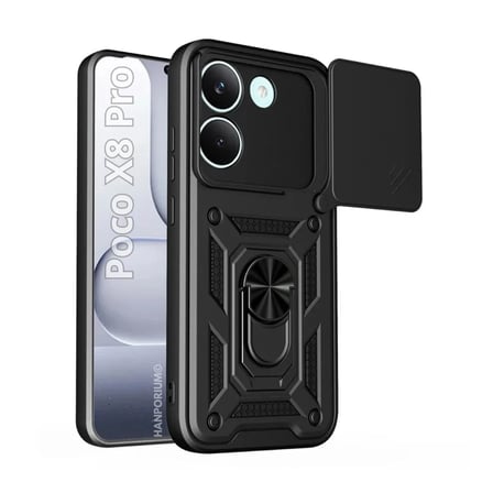 Poco X8 Pro Uyumlu Tank Kılıf - Yüzüklü Standlı Extra Darbe Koruma Zırhlı Outdoor Kapak - Siyah