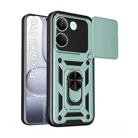 Poco X8 Pro Uyumlu Tank Kılıf - Yüzüklü Standlı Extra Darbe Koruma Zırhlı Outdoor Kapak - Yeşil