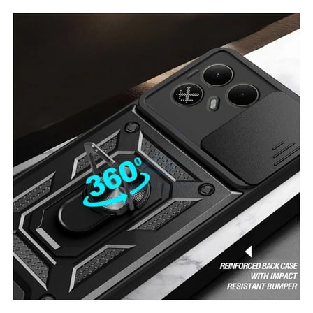 Tecno Pova 8 Uyumlu Tank Kılıf - Yüzüklü Standlı Extra Darbe Koruma Zırhlı Outdoor Kapak - Siyah