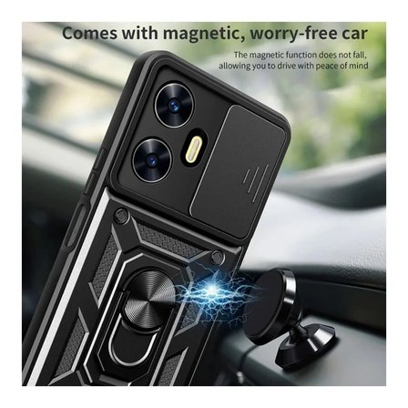 Realme C55 Uyumlu Tank Kılıf - Yüzüklü Standlı Extra Darbe Koruma Zırhlı Outdoor Kapak - Siyah