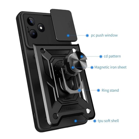 Realme C61 Uyumlu Tank Kılıf - Yüzüklü Standlı Extra Darbe Koruma Zırhlı Outdoor Kapak - Siyah
