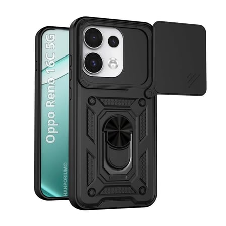 Oppo Reno 16C Uyumlu Tank Kılıf - Yüzüklü Standlı Extra Darbe Koruma Zırhlı Outdoor Kapak - Siyah