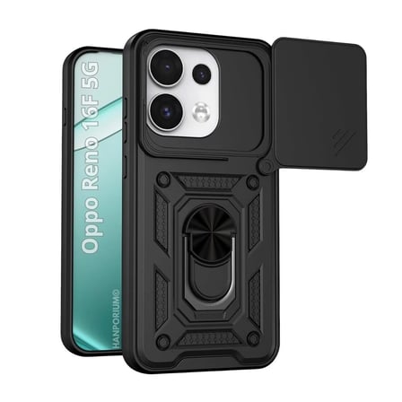 Oppo Reno 16F Uyumlu Tank Kılıf - Yüzüklü Standlı Extra Darbe Koruma Zırhlı Outdoor Kapak - Siyah