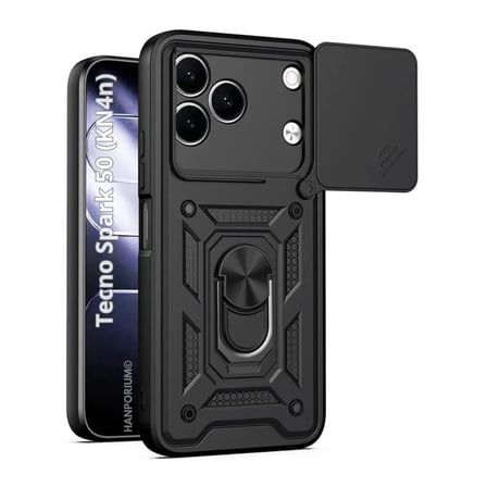 Tecno Spark 50 4G Uyumlu Tank Kılıf - Yüzüklü Standlı Extra Darbe Koruma Zırhlı Outdoor Kapak - Siyah