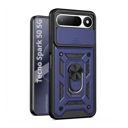Tecno Spark 50 5G Uyumlu Tank Kılıf - Yüzüklü Standlı Extra Darbe Koruma Zırhlı Outdoor Kapak - Lacivert