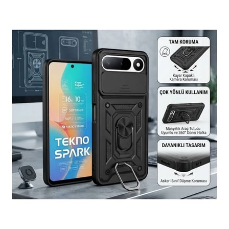 Tecno Spark 50 5G Uyumlu Tank Kılıf - Yüzüklü Standlı Extra Darbe Koruma Zırhlı Outdoor Kapak - Lacivert