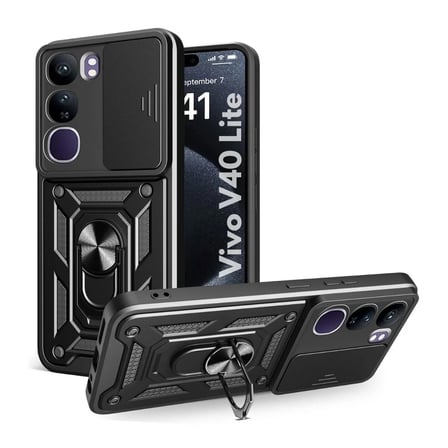 Vivo V40 Lite Uyumlu Tank Kılıf Yüzüklü Standlı Extra Darbe Koruma Zırhlı Outdoor Kapak Siyah