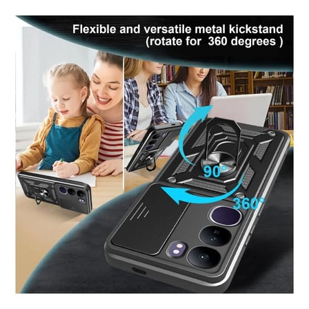 Vivo V40 Lite Uyumlu Tank Kılıf Yüzüklü Standlı Extra Darbe Koruma Zırhlı Outdoor Kapak Siyah