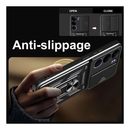 Vivo V40 Lite Uyumlu Tank Kılıf Yüzüklü Standlı Extra Darbe Koruma Zırhlı Outdoor Kapak Siyah