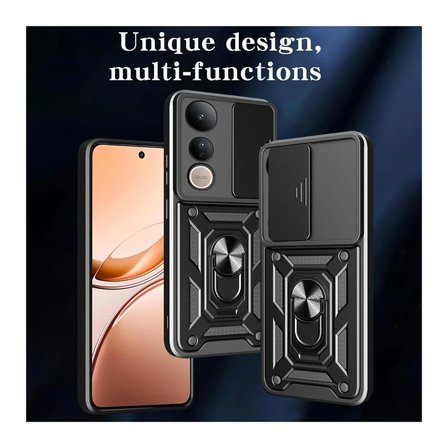 Vivo V50 Lite Uyumlu Tank Kılıf Yüzüklü Standlı Extra Darbe Koruma Zırhlı Outdoor Kapak Siyah