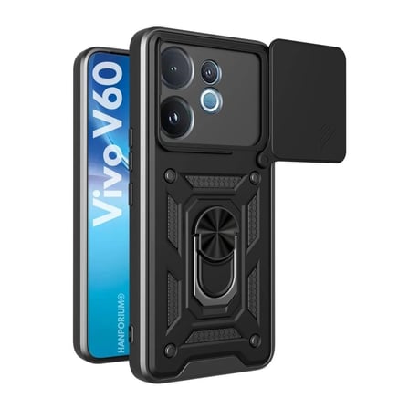 Vivo V60 Uyumlu Tank Kılıf - Yüzüklü Standlı Extra Darbe Koruma Zırhlı Outdoor Kapak - Siyah