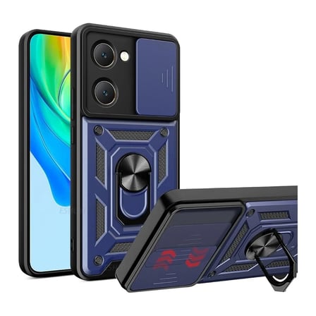 Vivo Y03 Uyumlu Tank Kılıf - Yüzüklü Standlı Extra Darbe Koruma Zırhlı Outdoor Kapak Lacivert