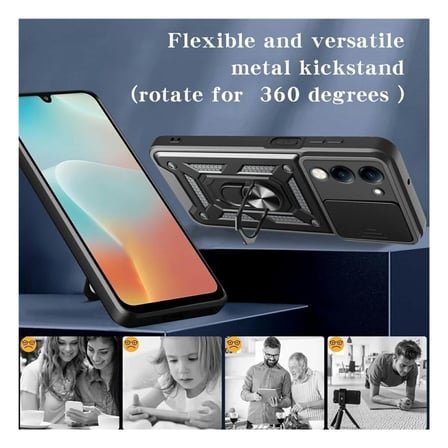 Vivo Y04 Uyumlu Tank Kılıf - Yüzüklü Standlı Extra Darbe Koruma Zırhlı Outdoor Kapak - Siyah