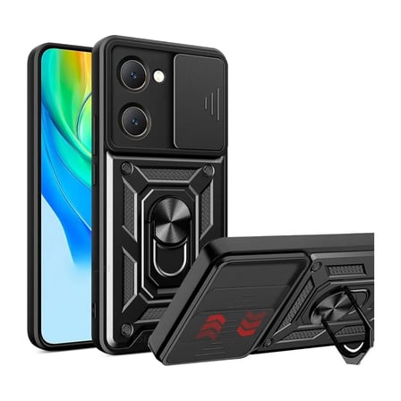 Vivo Y18 Uyumlu Tank Kılıf - Yüzüklü Standlı Extra Darbe Koruma Zırhlı Outdoor Kapak - Siyah
